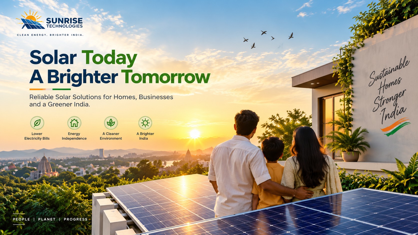 An Indian family stands together on a rooftop covered in solar panels at sunset, overlooking their city. Text overlay reads: Solar Today, A Brighter Tomorrow -- Reliable Solar Solutions for Homes, Businesses and a Greener India.