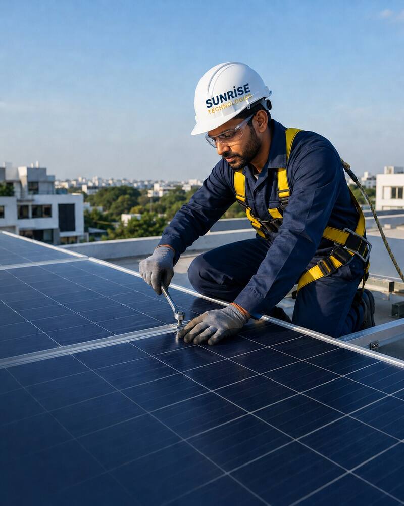 Certified solar engineers installing rooftop solar panels in Hyderabad